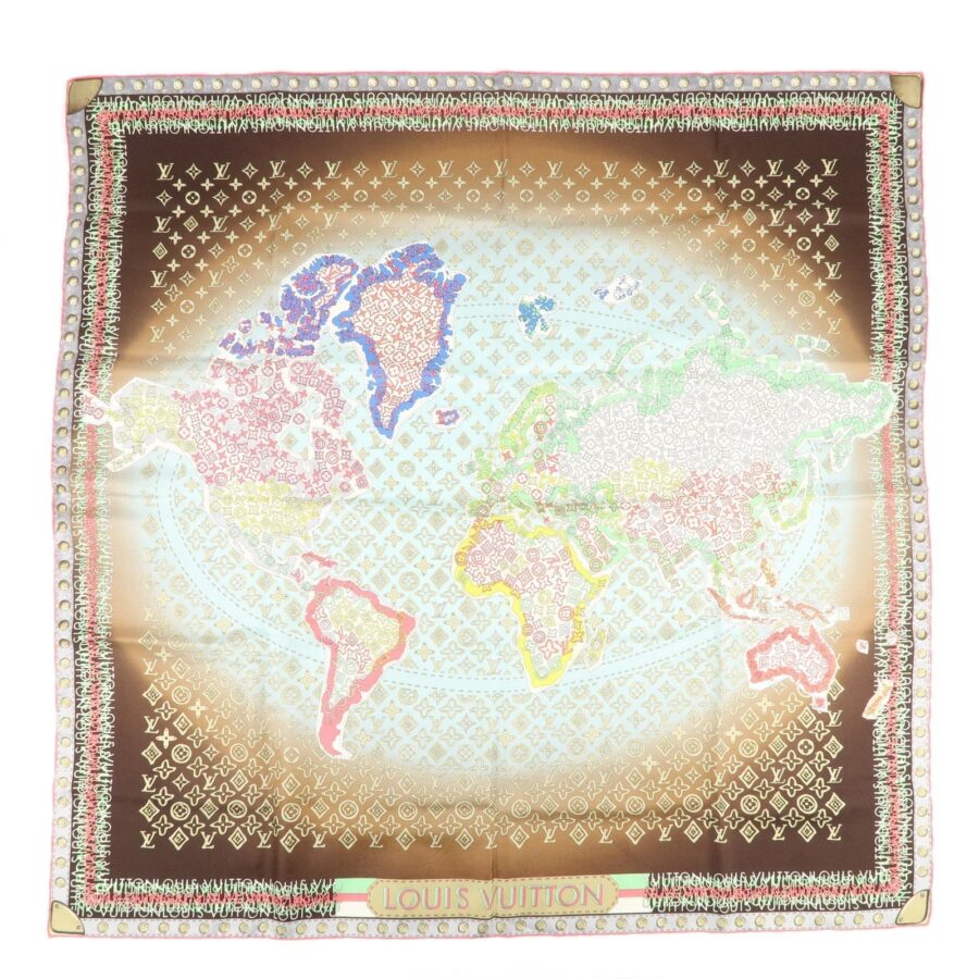 Louis Vuitton Monogram Scarf World Map Brown Light Blue 402470 | Studio Nafay