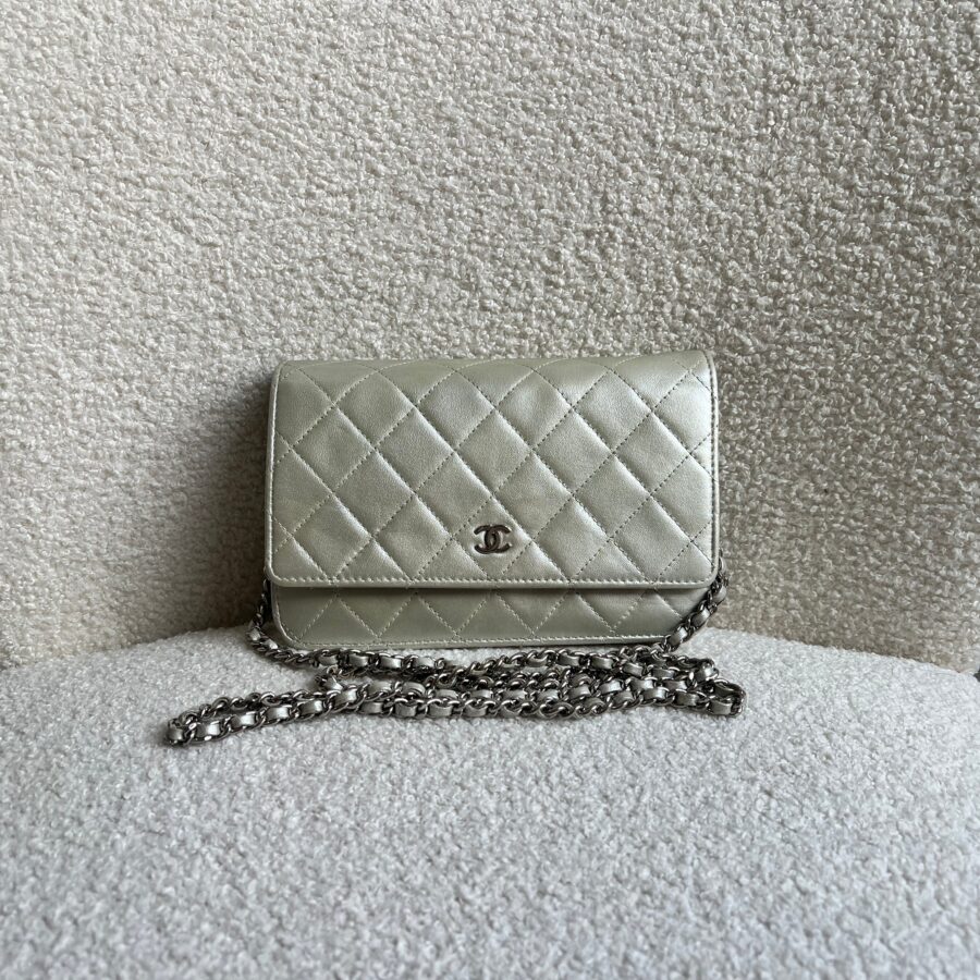 Chanel Silver Pearlescent Lambskin Wallet on Chain | Studio Nafay