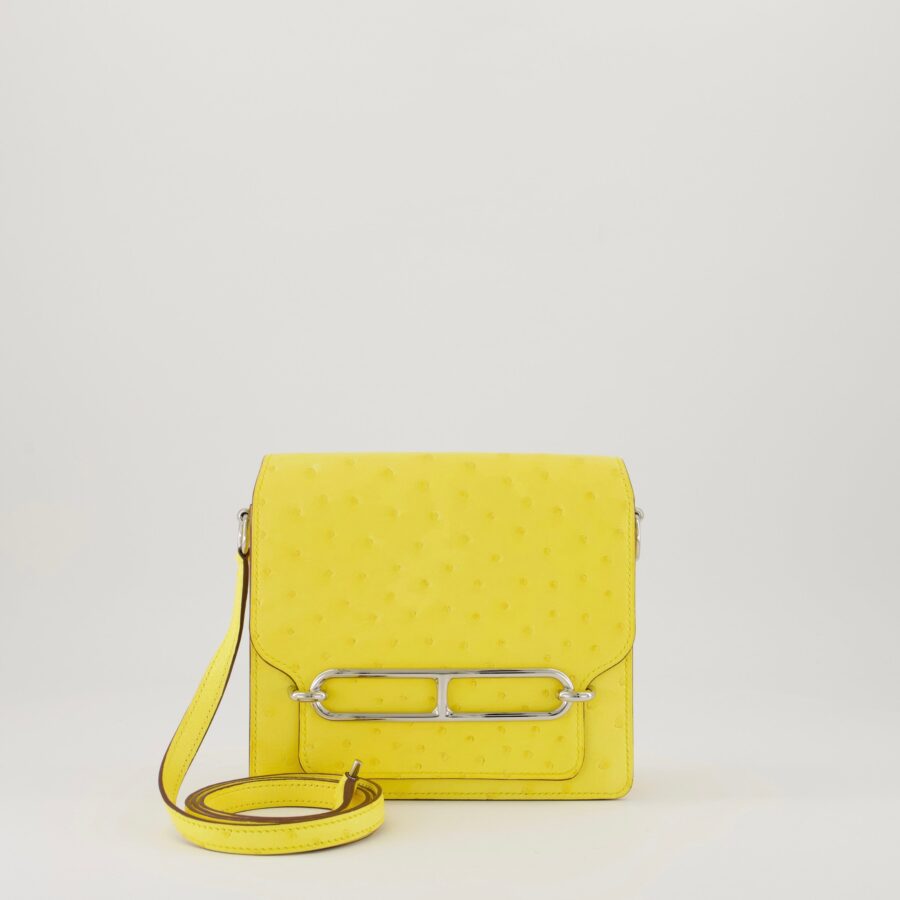 Hermes Mini Roulis 18 in Jaune Citron Ostrich Leather with Palladium Hardware | Studio Nafay