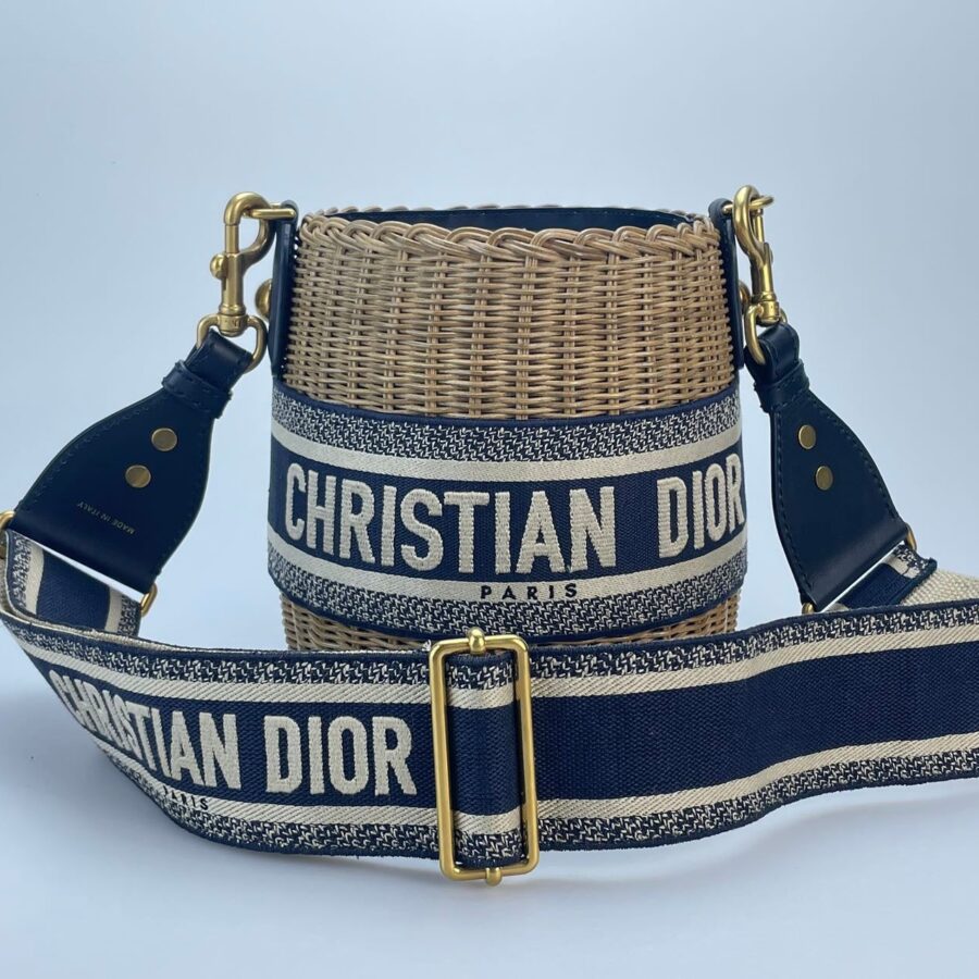 Dior Dioriviera Bucket Bag in Wicker and Blue Canvas With Gold Hardware | Studio Nafay