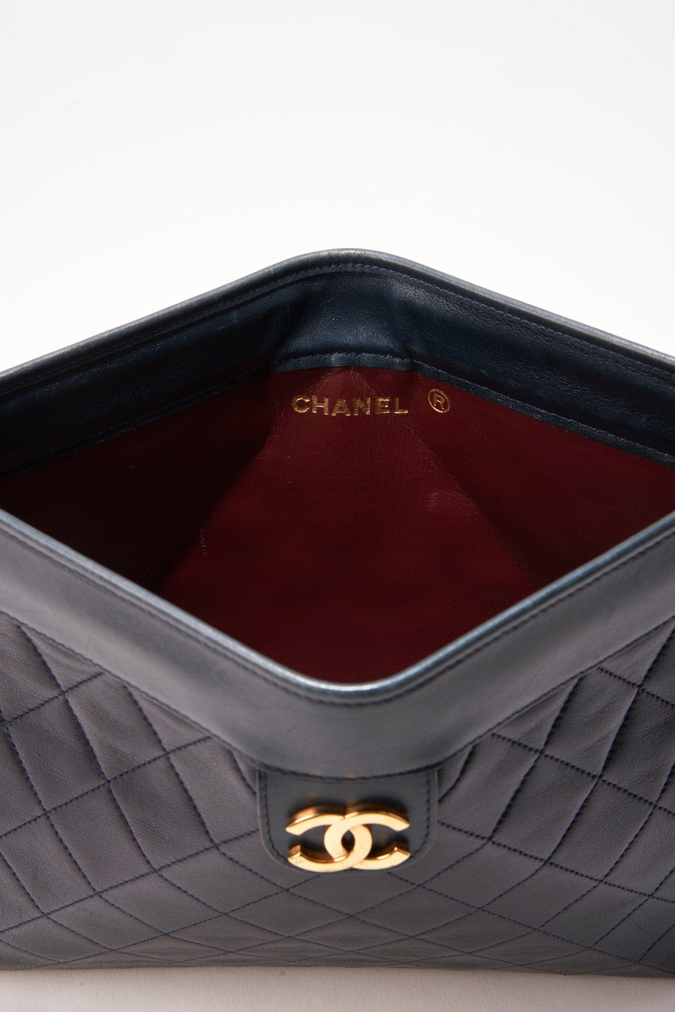 Chanel Navy Leather Clutch Bag With 24K Gold Plated Hardware