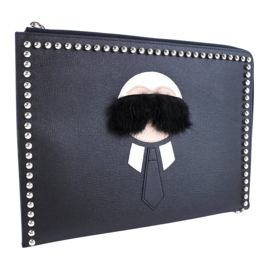 FENDI Clutch bag 7MP F0V3X leather black Karl Lagerfeld Studs carlito flat clutch Women | Studio Nafay