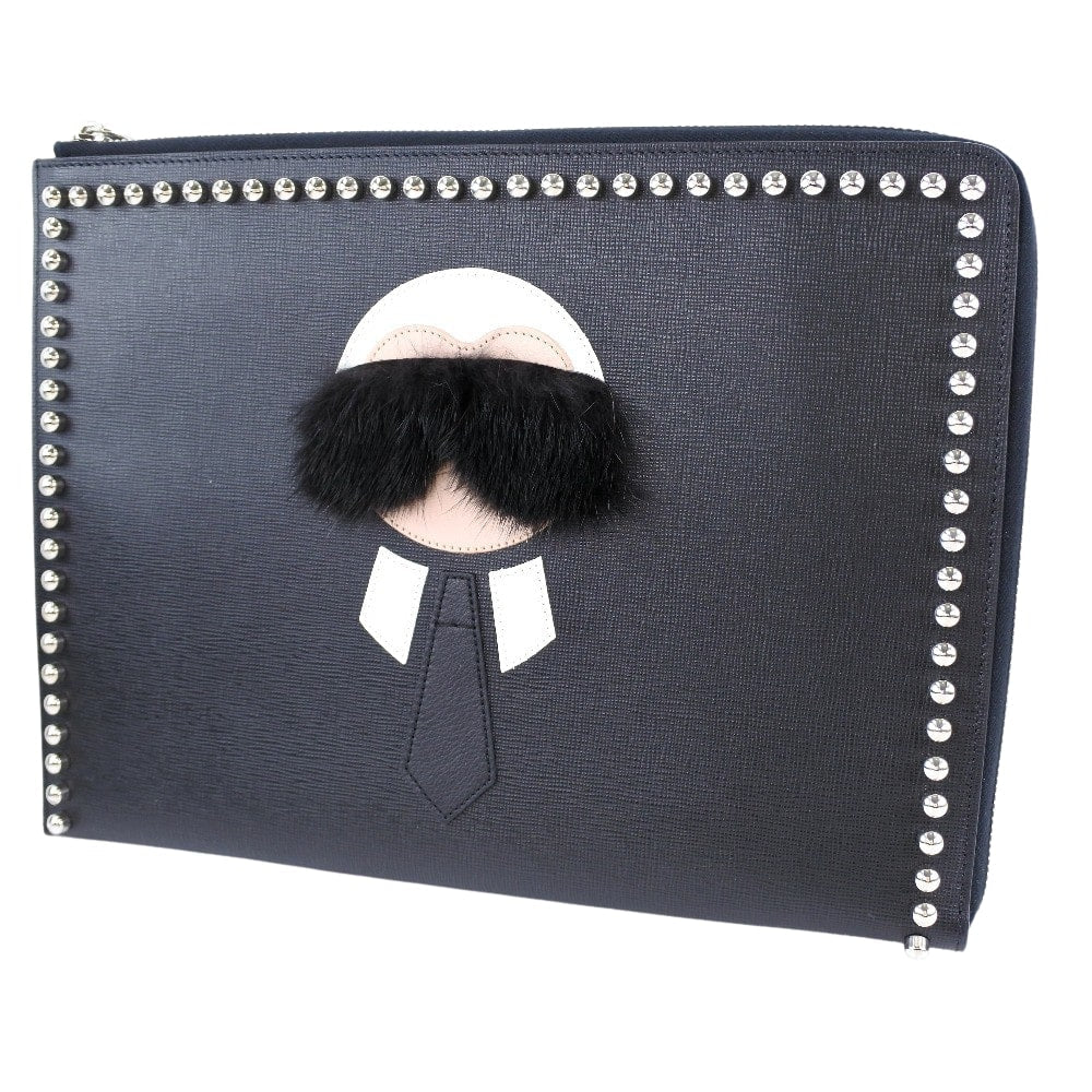 FENDI Clutch bag 7MP F0V3X leather black Karl Lagerfeld Studs carlito flat clutch Women