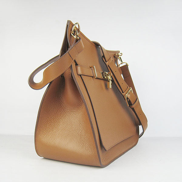 Luxury Hermes Leather Shoulder bag light coffee golden