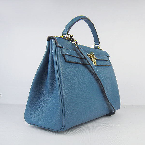 Luxury Hermes Kelly 32cm Togo Leather Handbag Blue/Golden | Studio Nafay