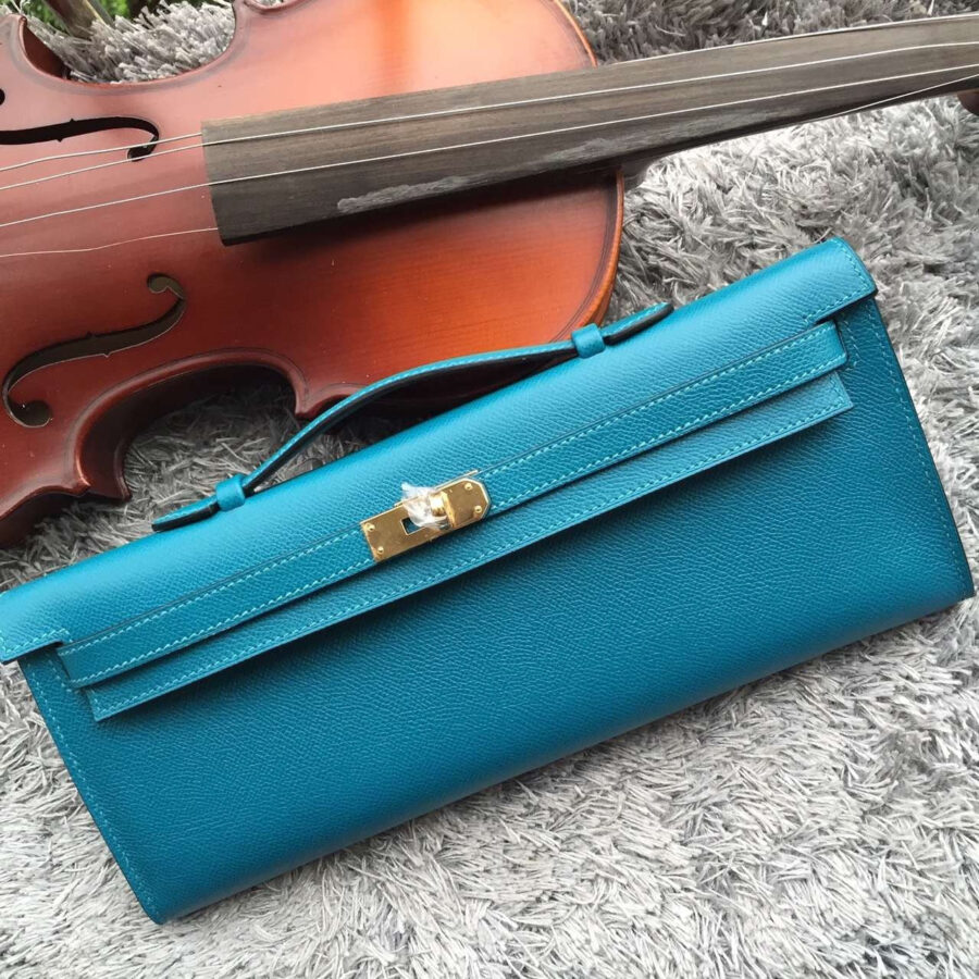 Luxury Hermes Turquoise Handcrafted Kelly Cut Clutch | Studio Nafay