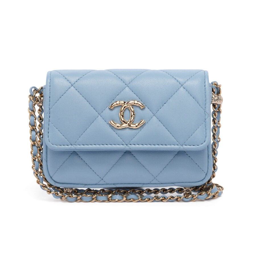 chl Light Blue Calfskin Clutch With Chain Wallet | Studio Nafay