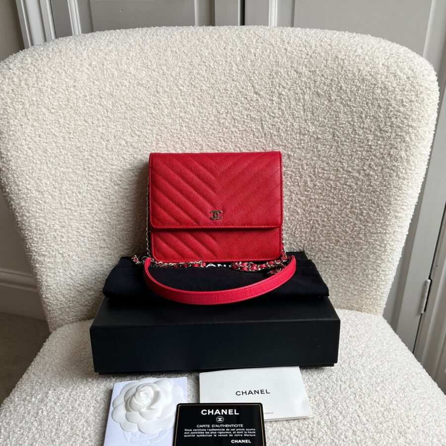 Chanel Red Caviar Chevron Square Wallet on Chain | Studio Nafay