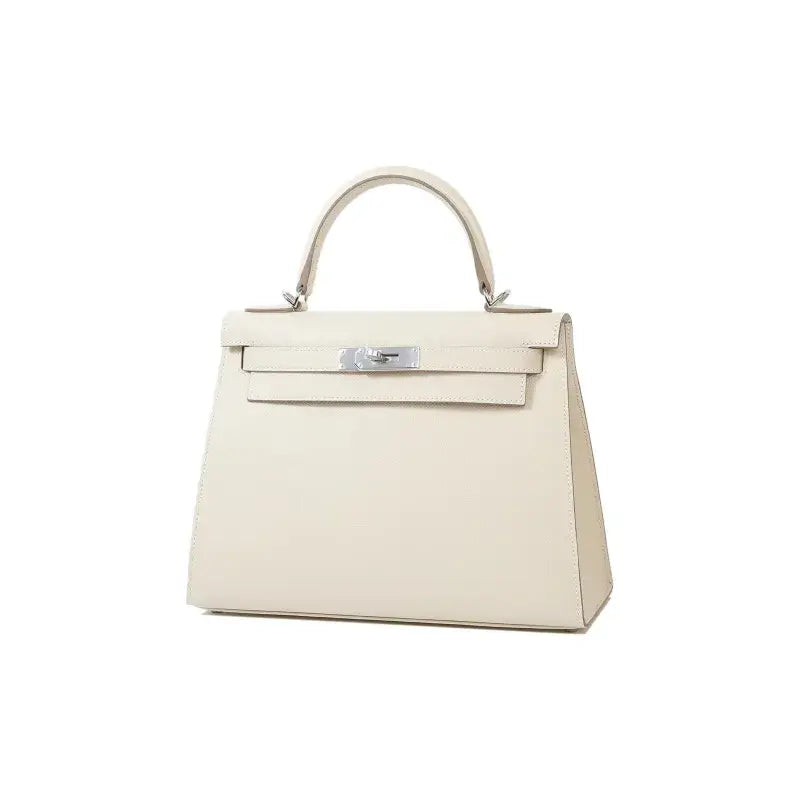 HERMES Kelly 25 Bag Epsom Leather Handbag (25,28) Milkshake White silver hardware