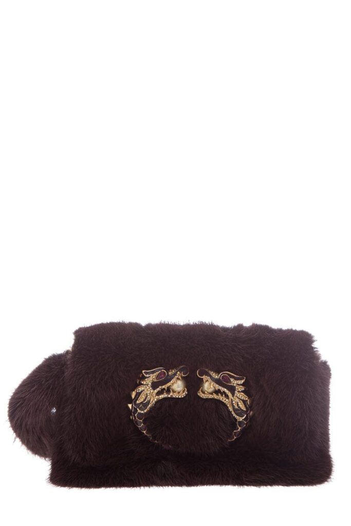 Gucci F/W By Tom Ford Burgundy Mink & Crystal Wolf Head Clutch - Product Image 2