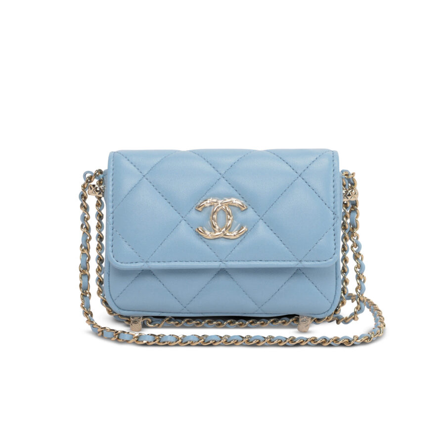 chl Light Blue Calfskin Clutch With Chain Wallet | Studio Nafay