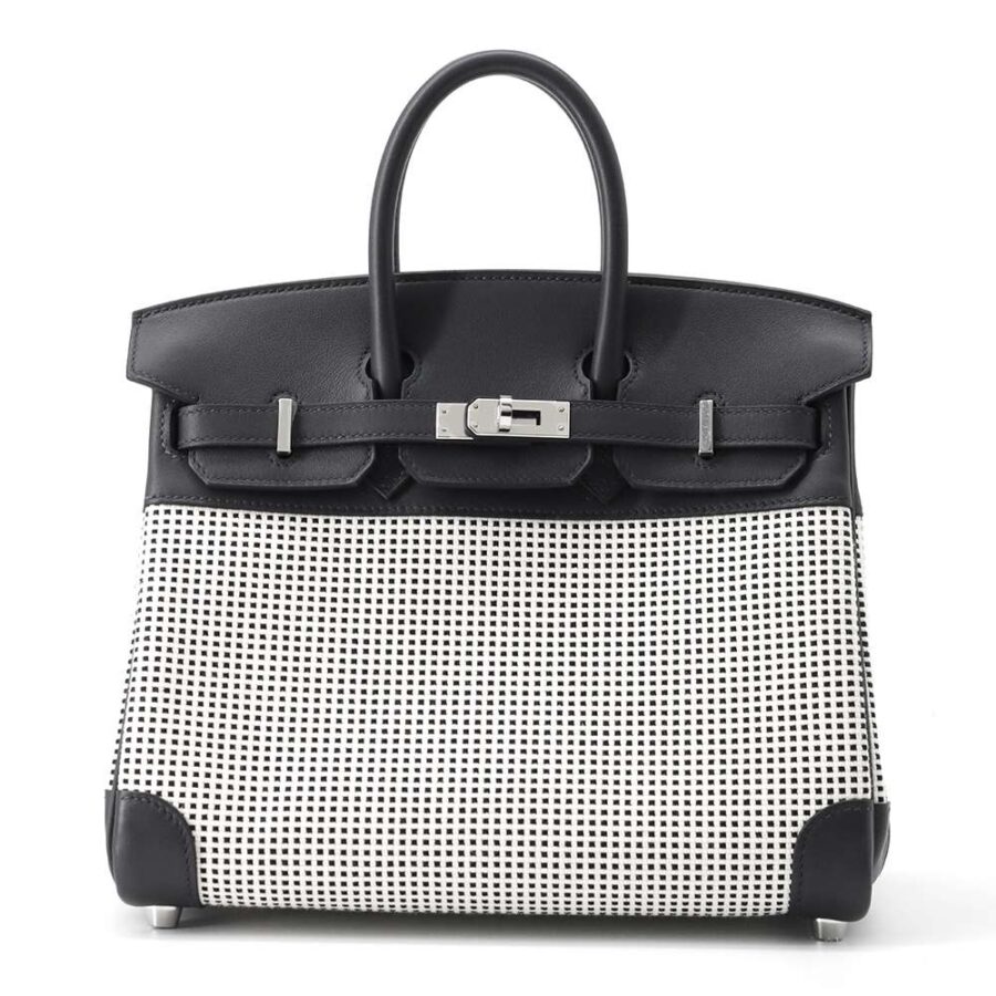 HERMES Birkin Caban/ Black/ White/ Ecru Toile Cadrille Swift Leather Size 25 | Studio Nafay