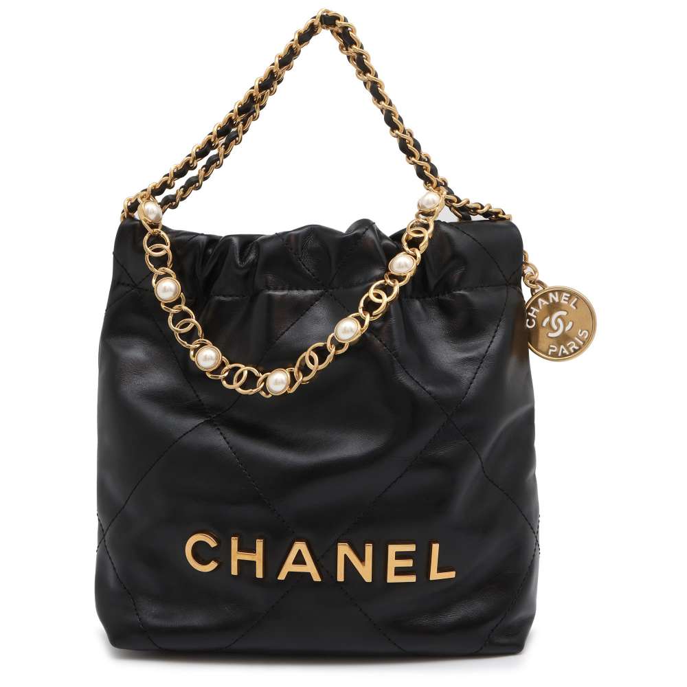 CHANEL CHANEL 22 Pearl 2wayHandbag Black Shiny Calf Leather Size Mini