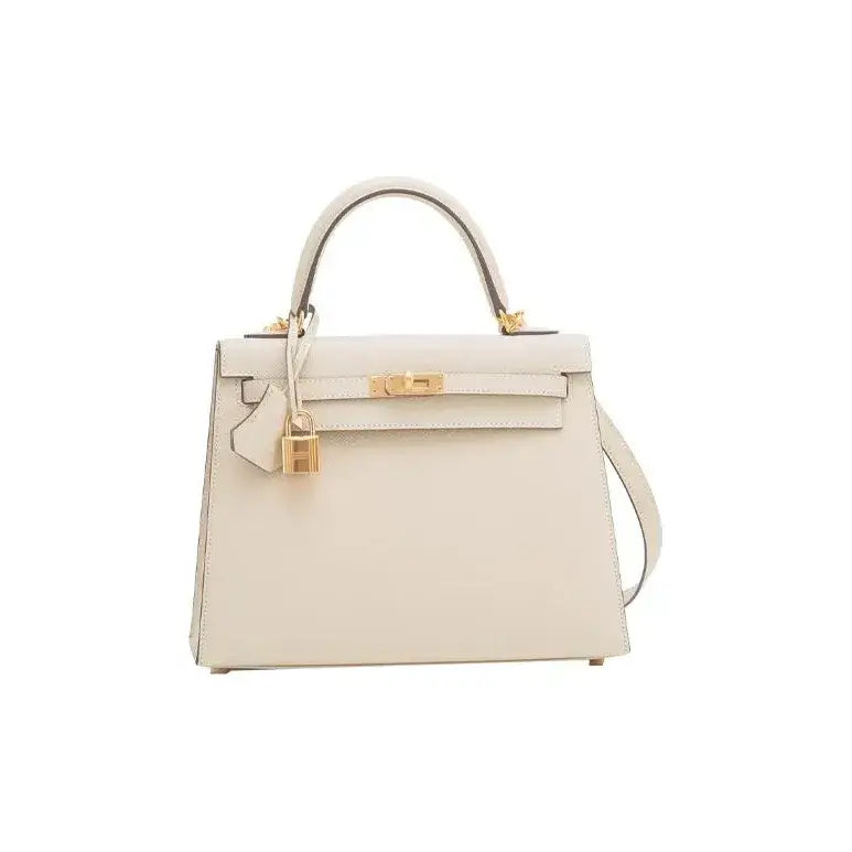 HERMES Kelly 25 Bag Epsom Leather Handbag (25,28) nata white gold hardware