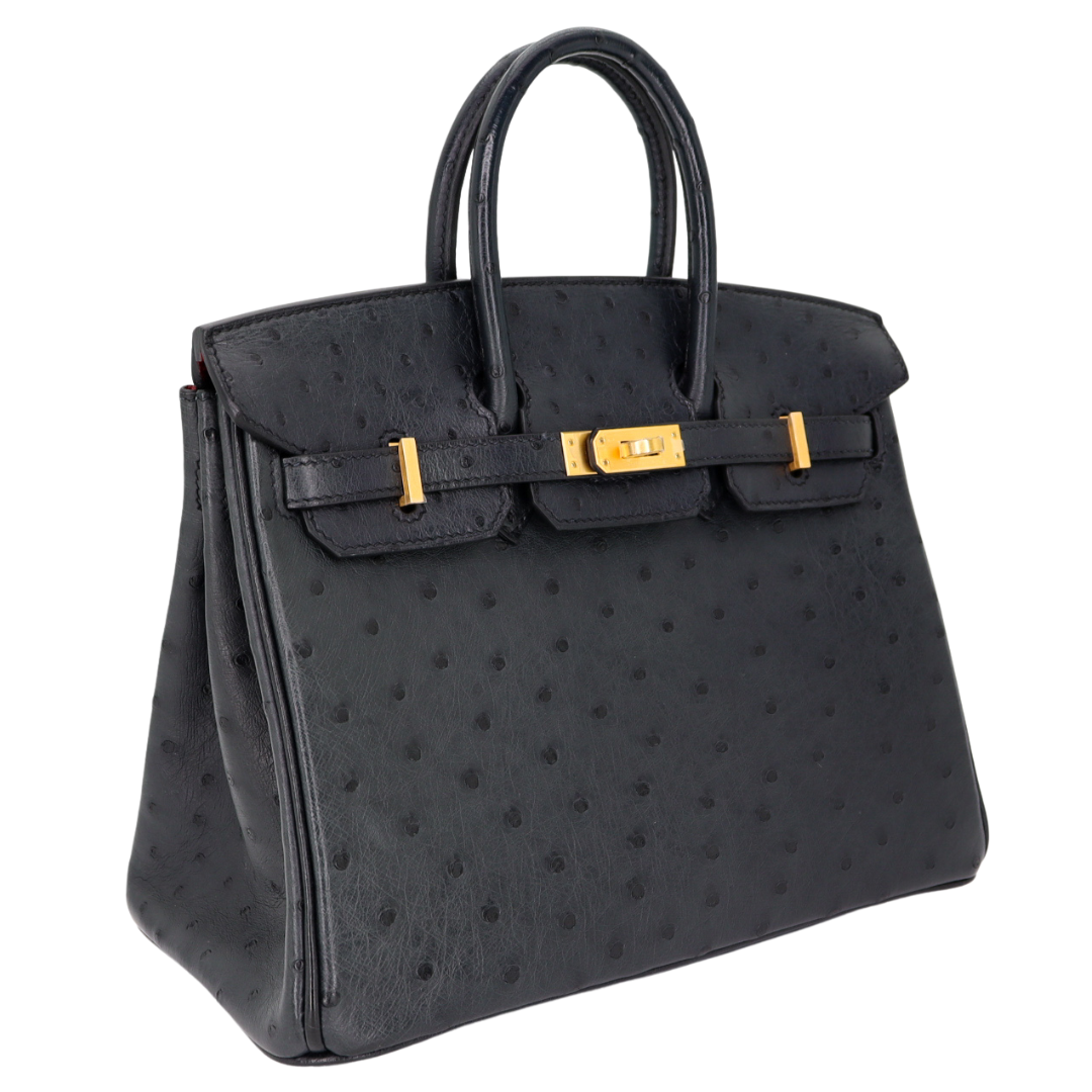 Hermes25cm Birkin HSS Black/ Rouge H Ostrich Brushed Gold Hardware