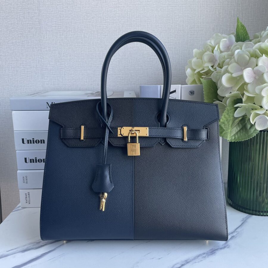 Hermes Birkin Bag 30 in Blue Indigo and Black Epsom Leather with Gold Hardware | Studio Nafay