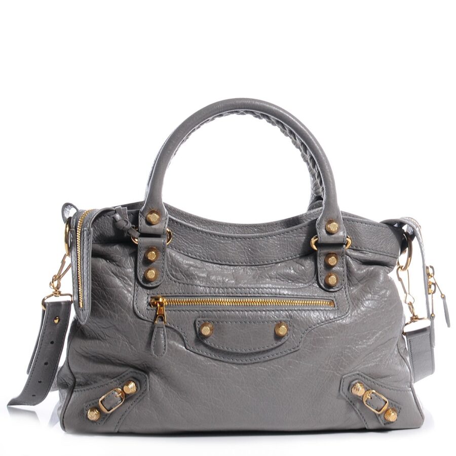BALENCIAGA AGNEAU LAMBSKIN LEATHER MEDIUM CITY TOWN GRIS PYRITE BAG | Studio Nafay