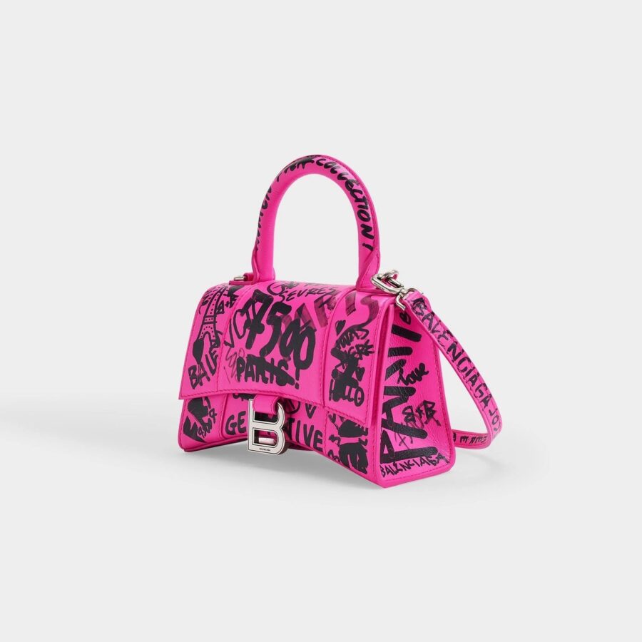 BALENCIAGA HOURGLASS XS GRAFFITI PRINTED CALFSKIN TOP HANDLE BAG | Studio Nafay