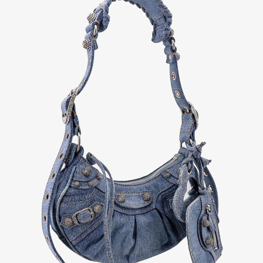 BALENCIAGA LE CAGOLE SMALL DENIM CRYSTAL SHOULDER BAG | Studio Nafay