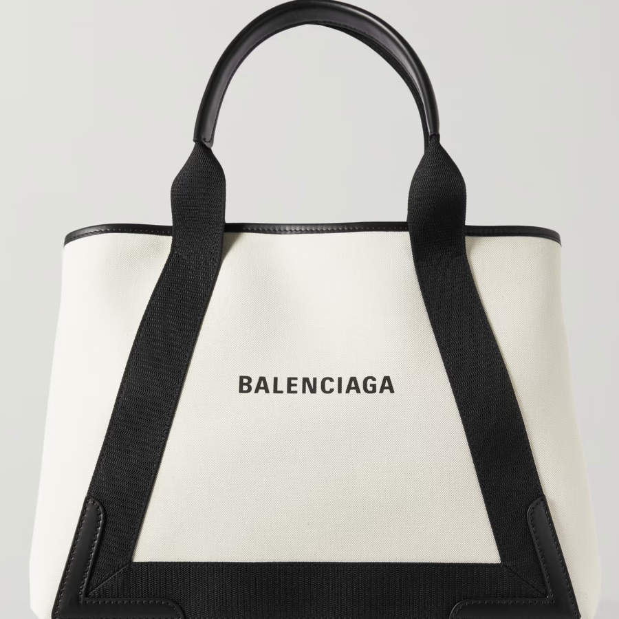 BALENCIAGA LEATHER TRIMMED TWO TONE CANVAS TOTE BAG | Studio Nafay