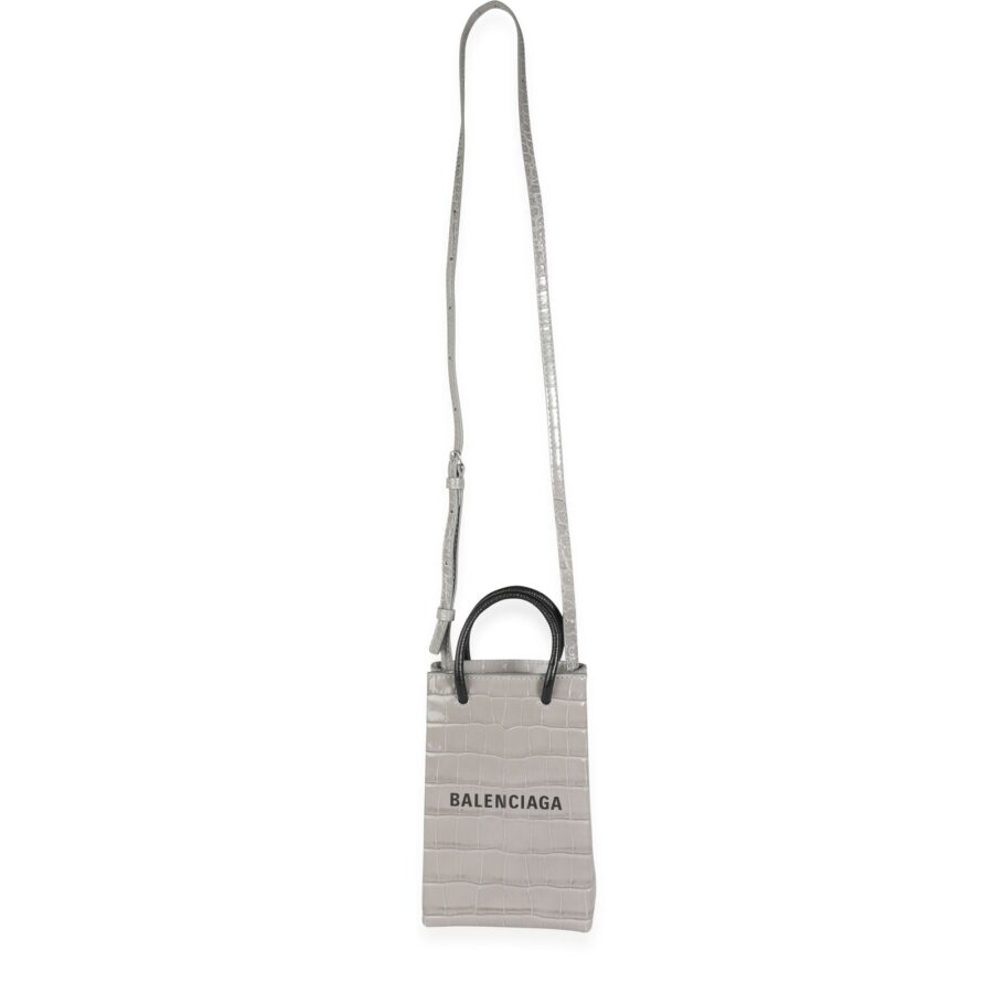 BALENCIAGA STEEL GREY CROC-EMBOSSED SHOPPING PHONE HOLDER BAG | Studio Nafay