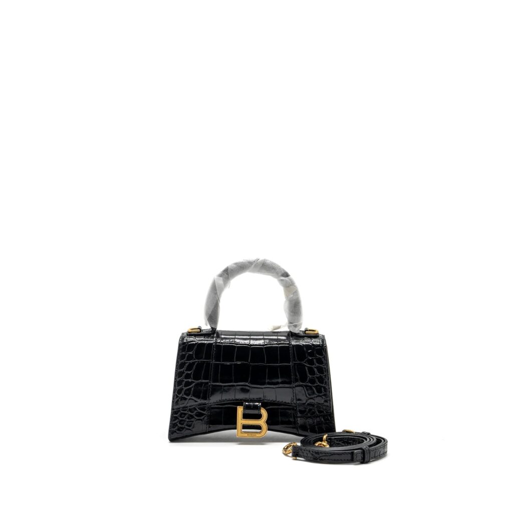 Balenciaga Hourglass XS Handbag Crocodile Embossed Black GHW | Studio Nafay