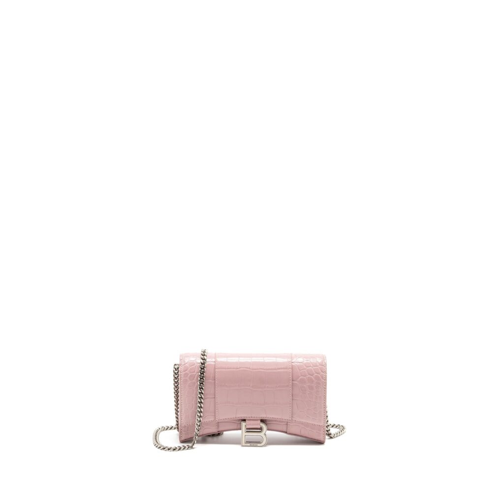 Balenciaga Hourglass Wallet on Chain Croc-Embossed Calfskin Pink SHW | Studio Nafay