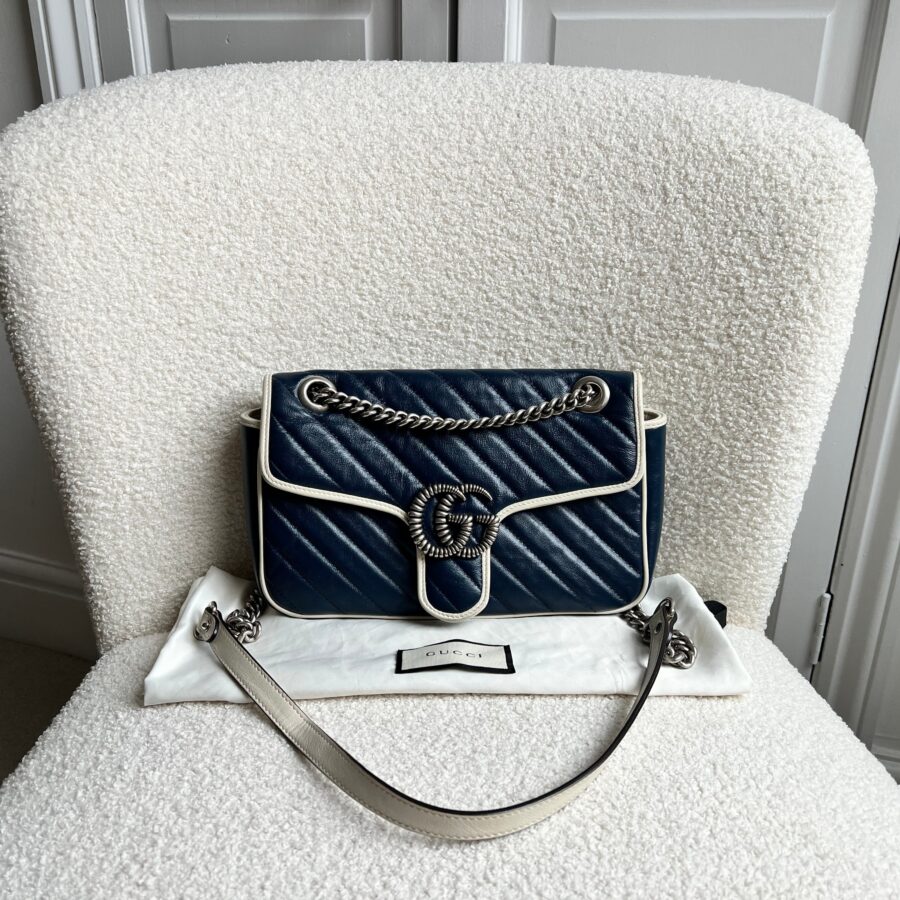 Gucci GG Navy and White Torchon Marmont Small Shoulder Bag | Studio Nafay