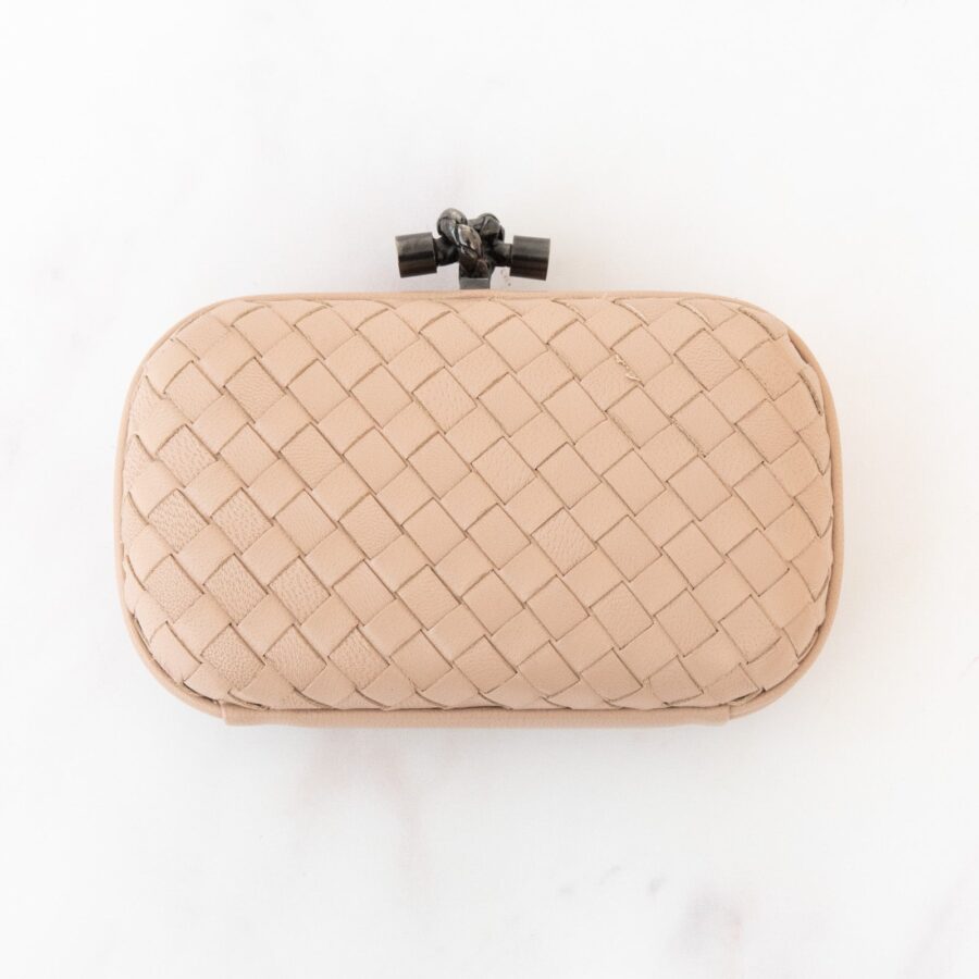 Bottega Veneta Blush Intrecciato Leather Knot Clutch Bag | Studio Nafay