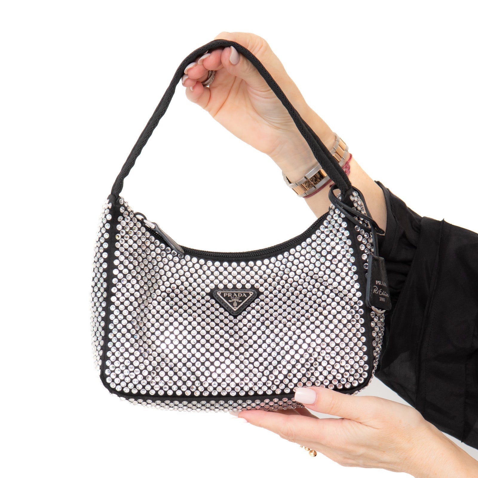 Prada Satin Mini Hobo Bag With Crystals Re Edition