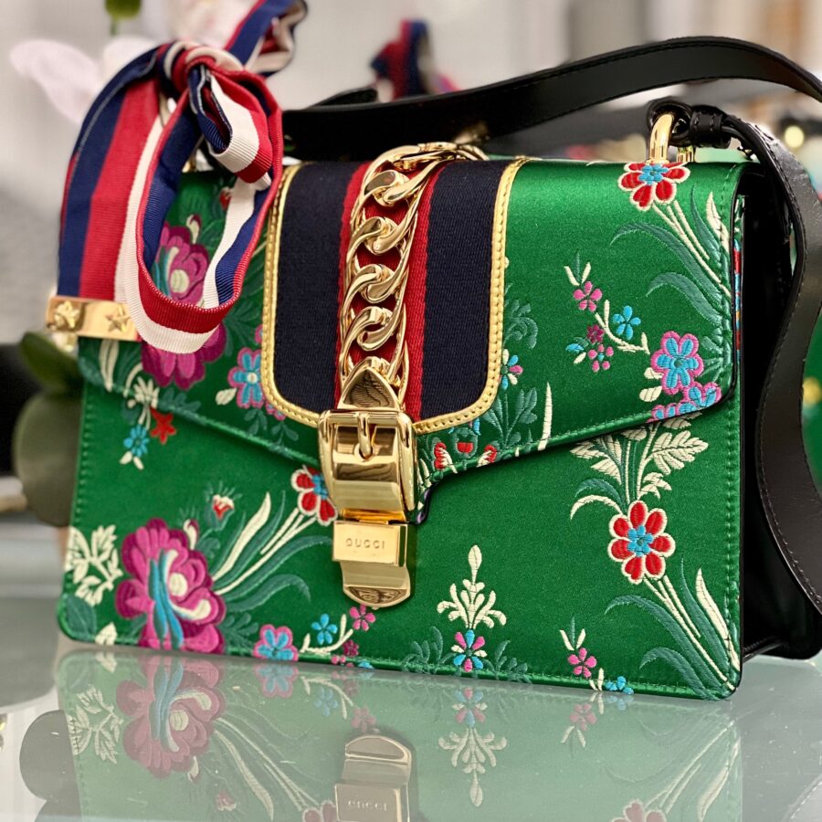 GUCCI GREEN FLORAL JACQUARD SMALL SYLVIE BAG-HS | Studio Nafay