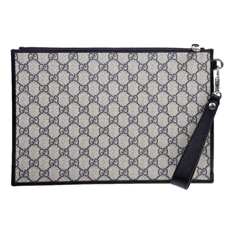 Gucci GG Supreme Coated Canvas Wristlet Clutch Handbag Beige and Navy | Studio Nafay