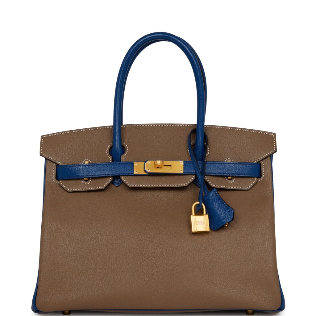 Hermes Special Order (HSS) Birkin 30 Etoupe and Bleu Saphire Chevre Brushed Gold Hardware - Product Image 2