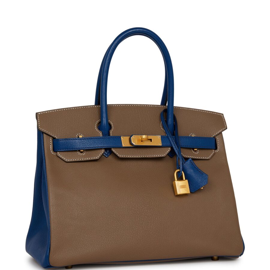 Hermes Special Order (HSS) Birkin 30 Etoupe and Bleu Saphire Chevre Brushed Gold Hardware | Studio Nafay