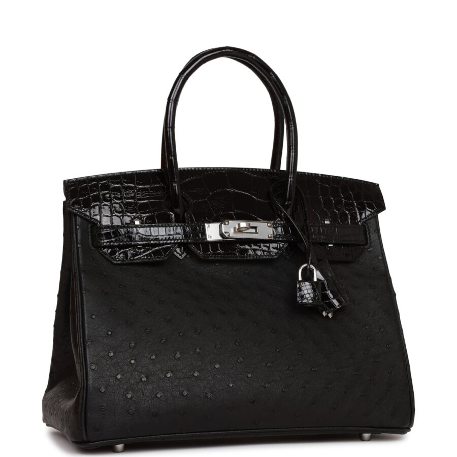 Hermes Birkin 30 Black Shiny Alligator and Ostrich Touch Palladium Hardware | Studio Nafay