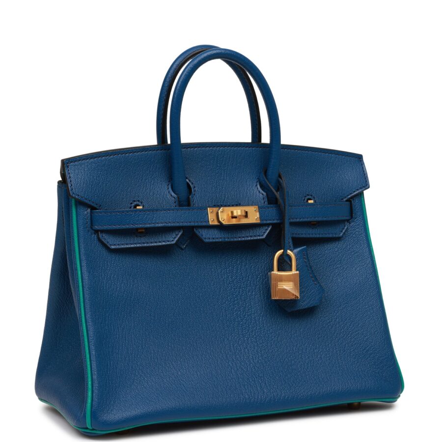 Hermes Special Order (HSS) Birkin 25 Bleu Saphir and Vert Vertigo Chevre Brushed Gold Hardware | Studio Nafay