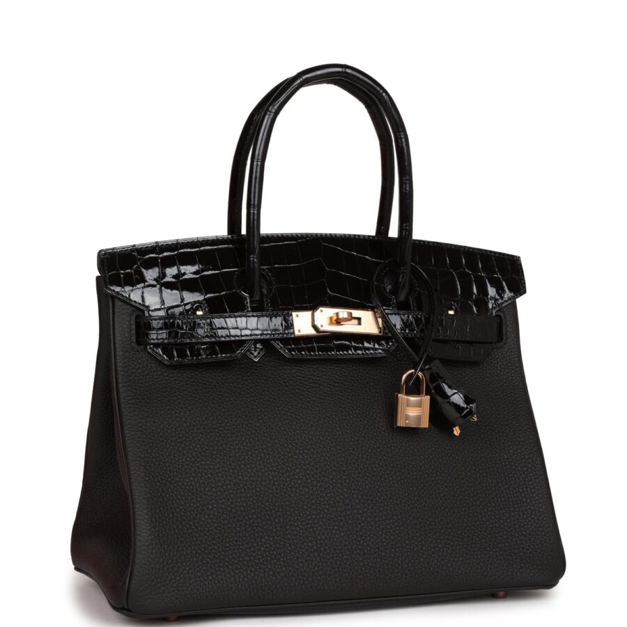 Hermes Birkin 30 Black Niloticus Crocodile and Togo Touch Rose Gold Hardware | Studio Nafay