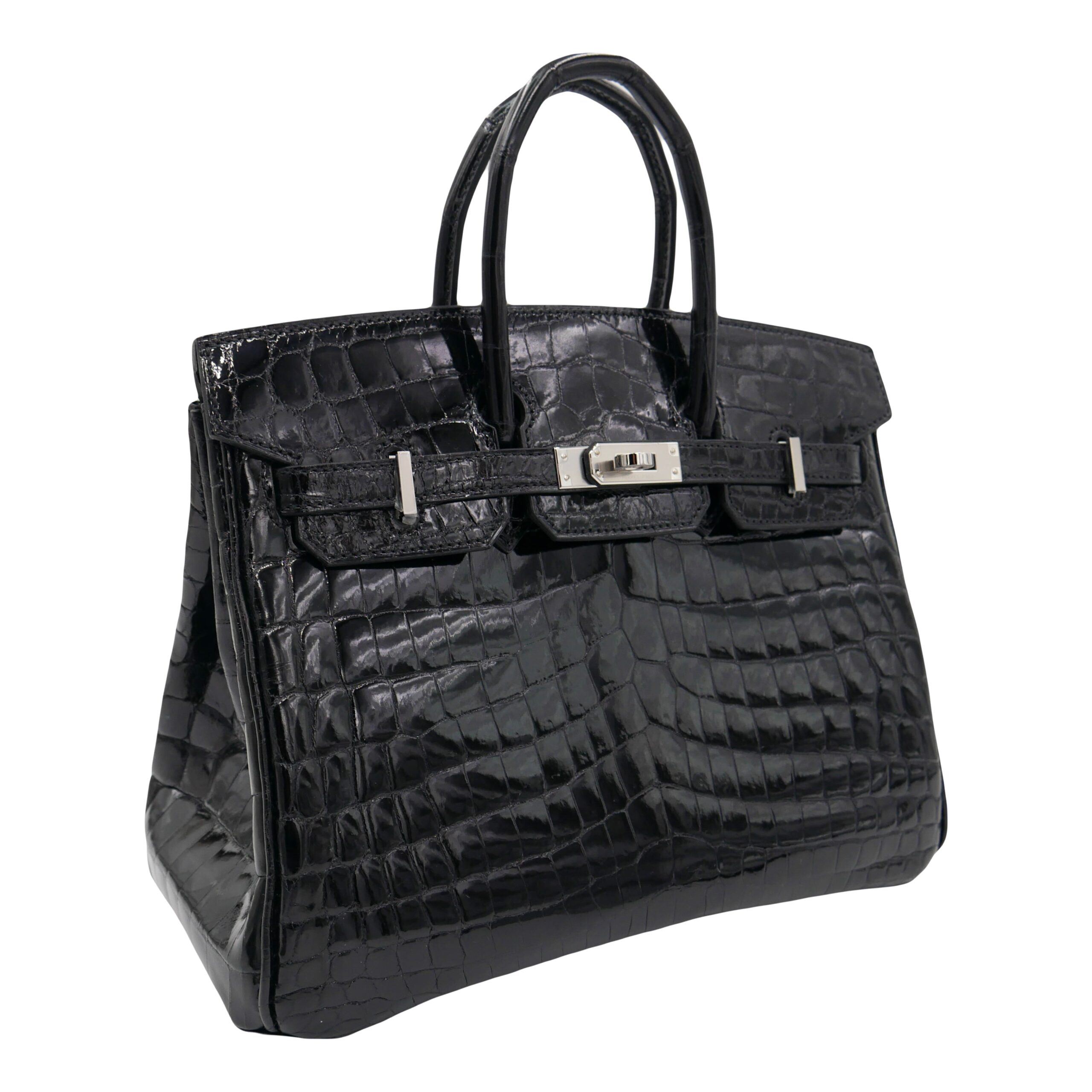 Hermes25cm Birkin Black Shiny Niloticus Crocodile Palladium Hardware