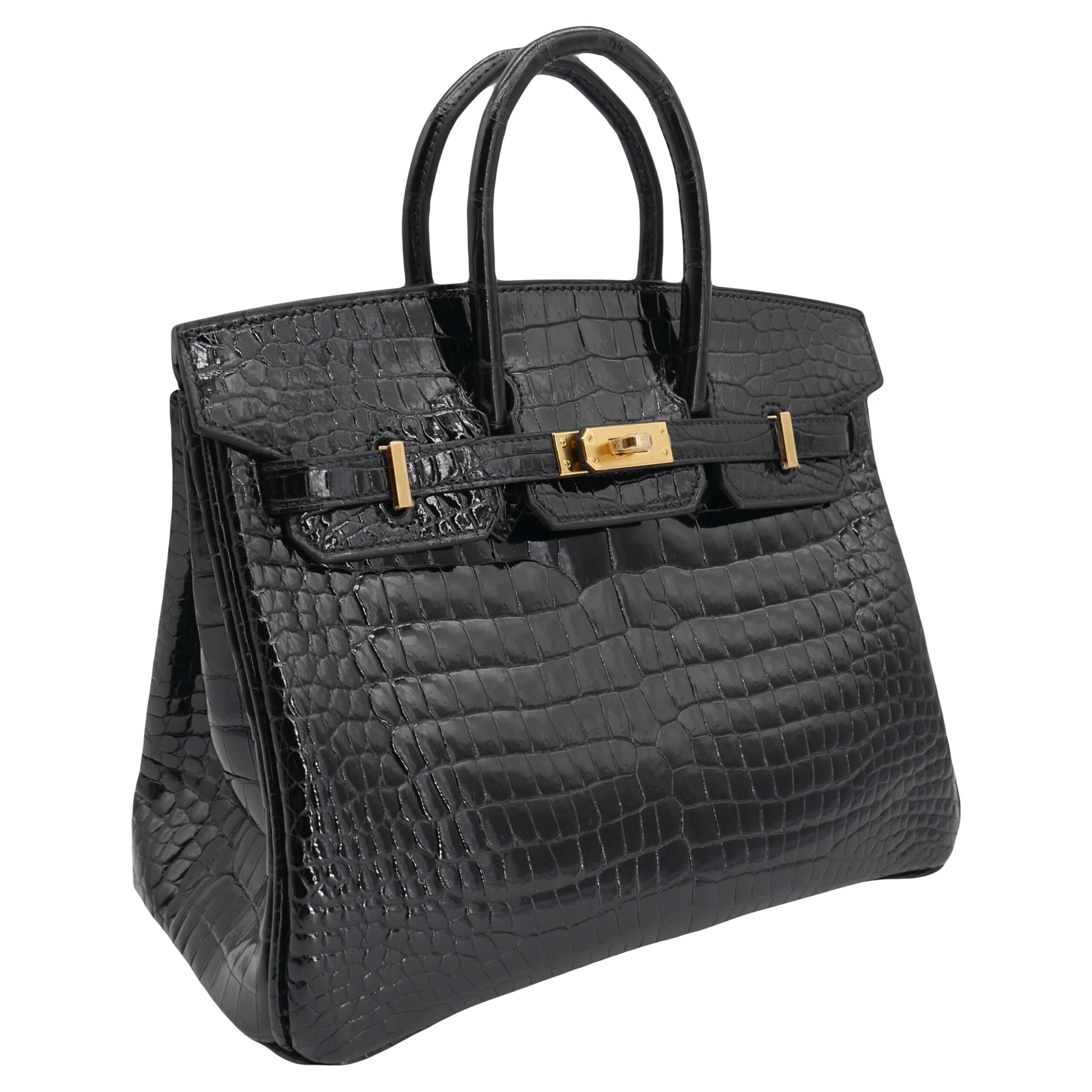 Hermes25cm Birkin Black Shiny Porosus Crocodile Gold Hardware