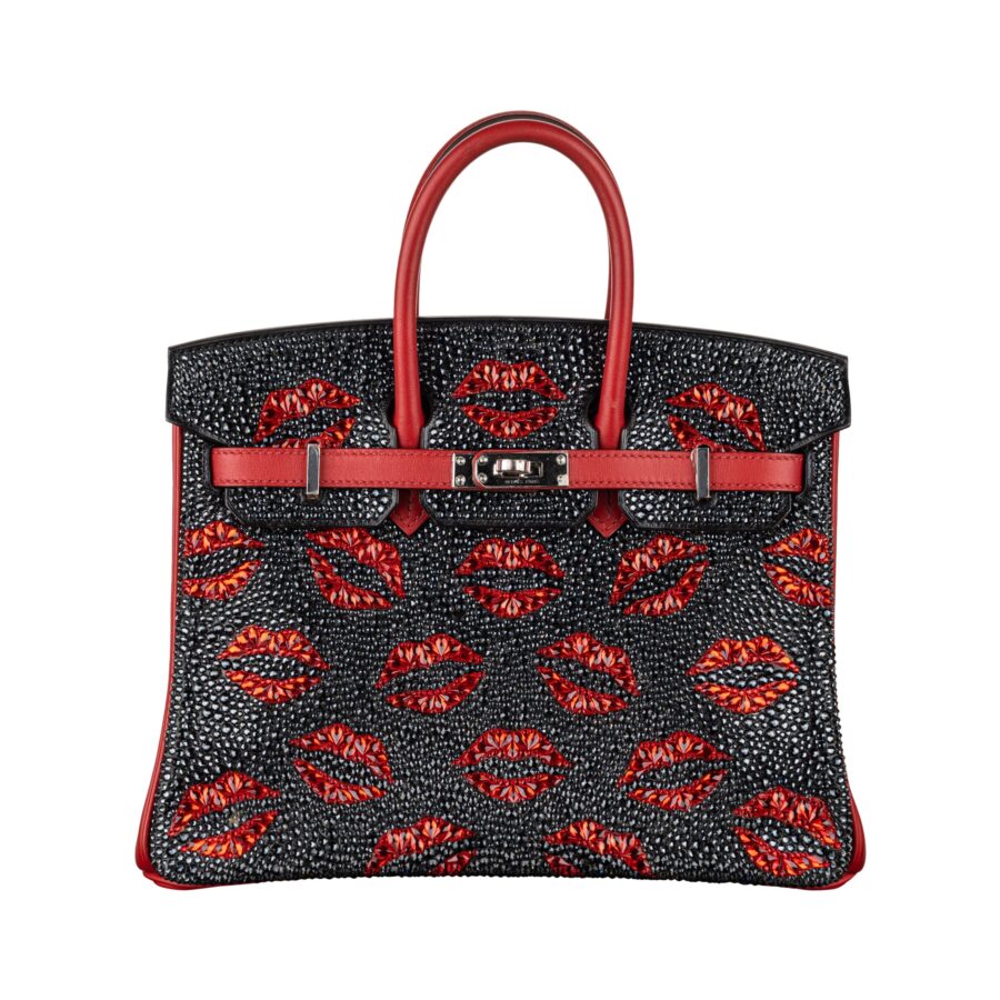 Hermes25cm Birkin Customized "Kiss Me" Lips Swarovski Crystal Palladium Hardware | Studio Nafay