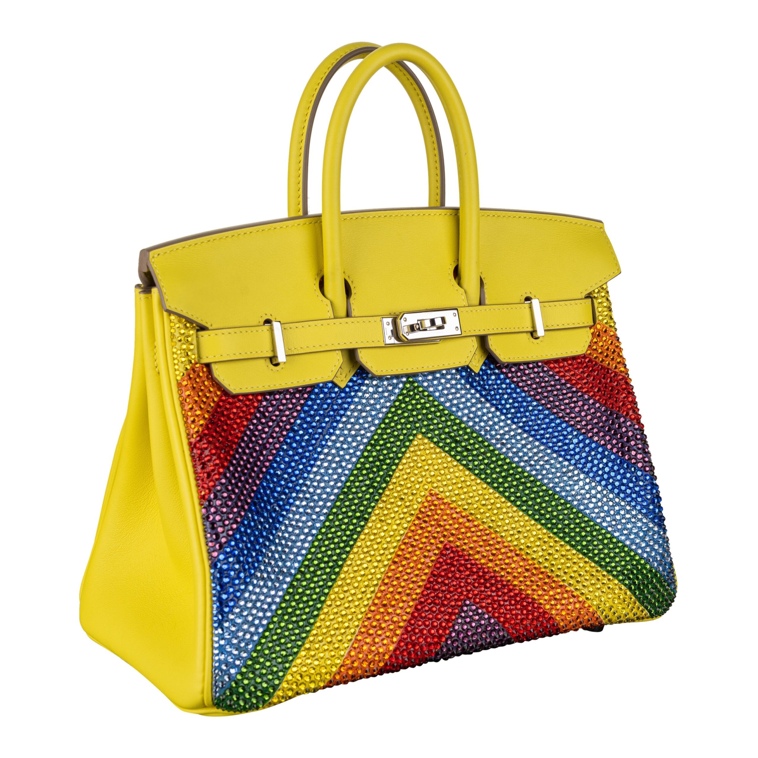 Hermes25cm Birkin Customized Rainbow Chevron Swarovski Crystal Palladium Hardware