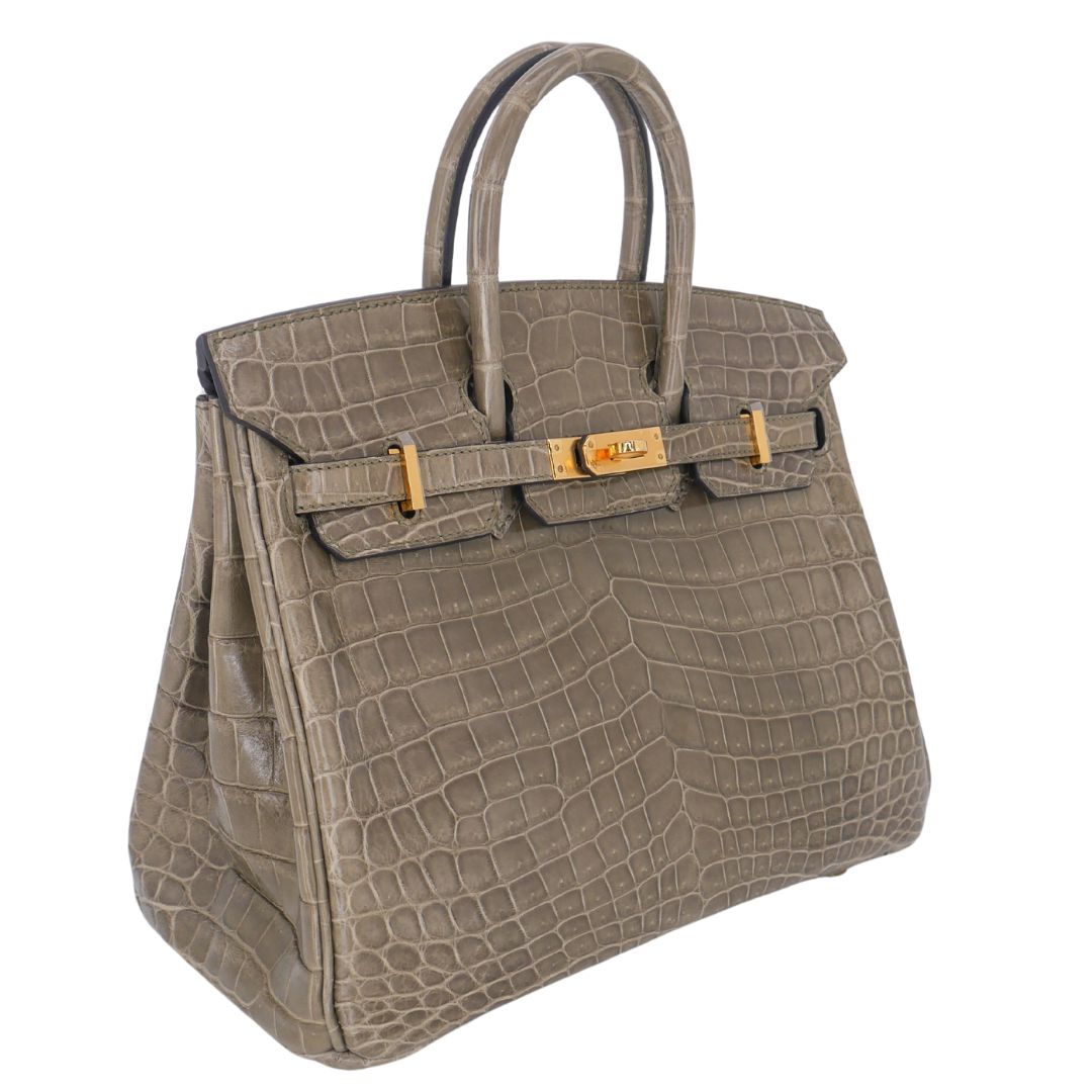 Hermes25cm Birkin Gris Tourterelle Shiny Niloticus Crocodile Gold Hardware