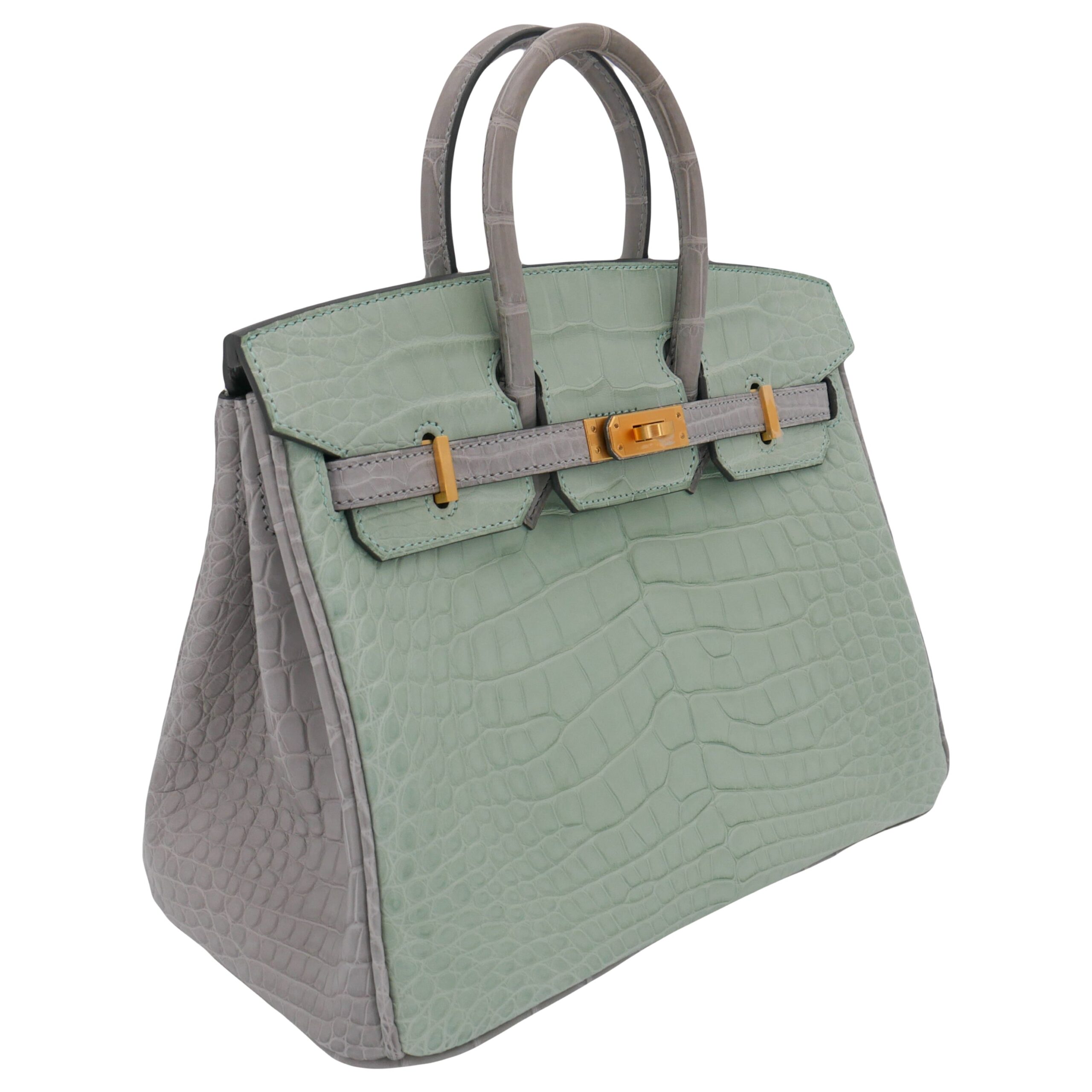 Hermes25cm Birkin HSS Vert D’eau/ Gris Perle Matte Alligator Brushed Gold Hardware