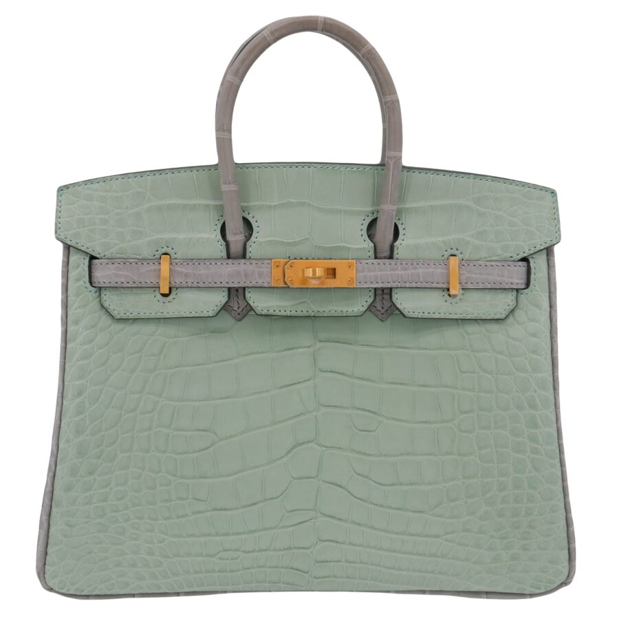 Hermes25cm Birkin HSS Vert D'eau/ Gris Perle Matte Alligator Brushed Gold Hardware | Studio Nafay
