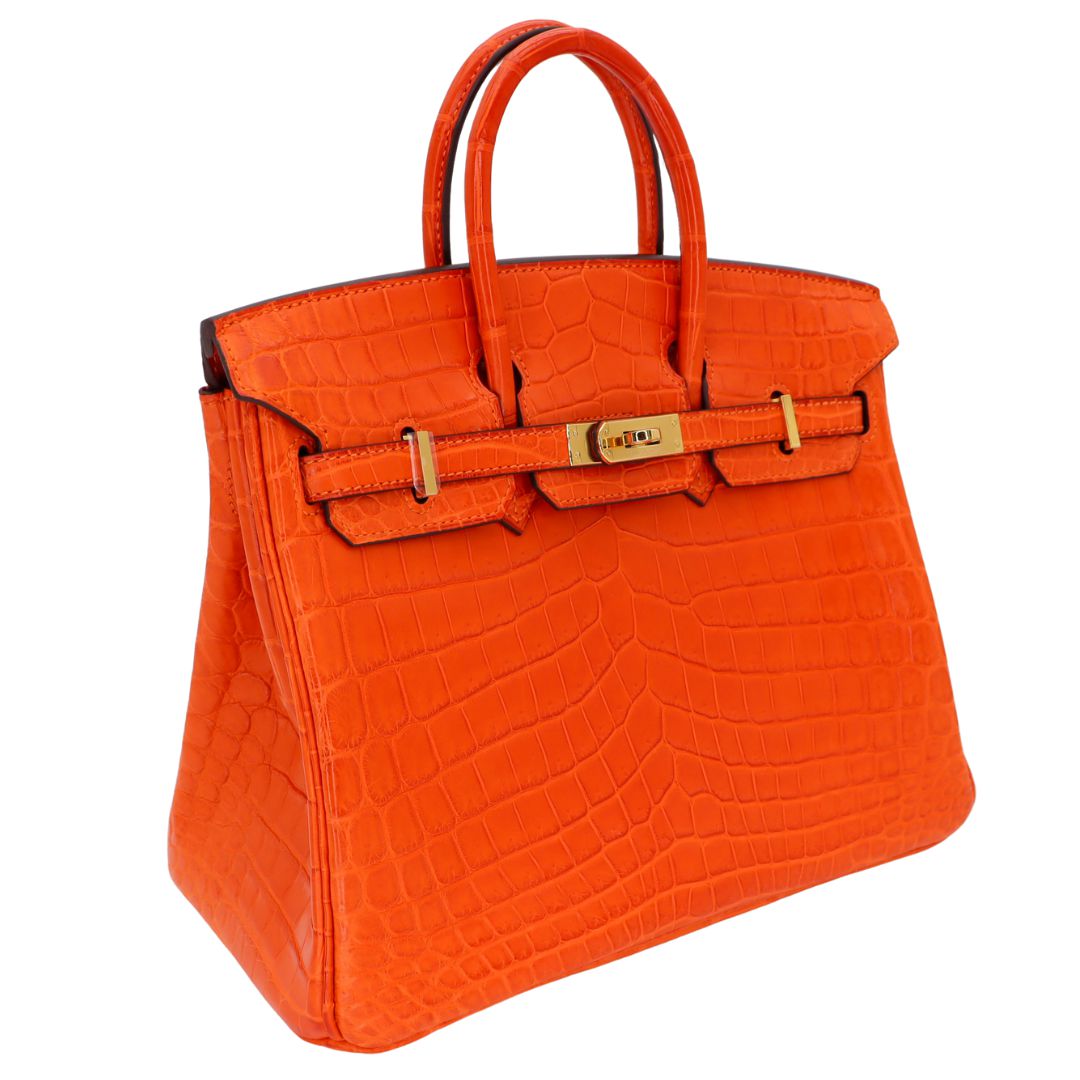 Hermes25cm Birkin Orange Matte Niloticus Crocodile Gold Hardware