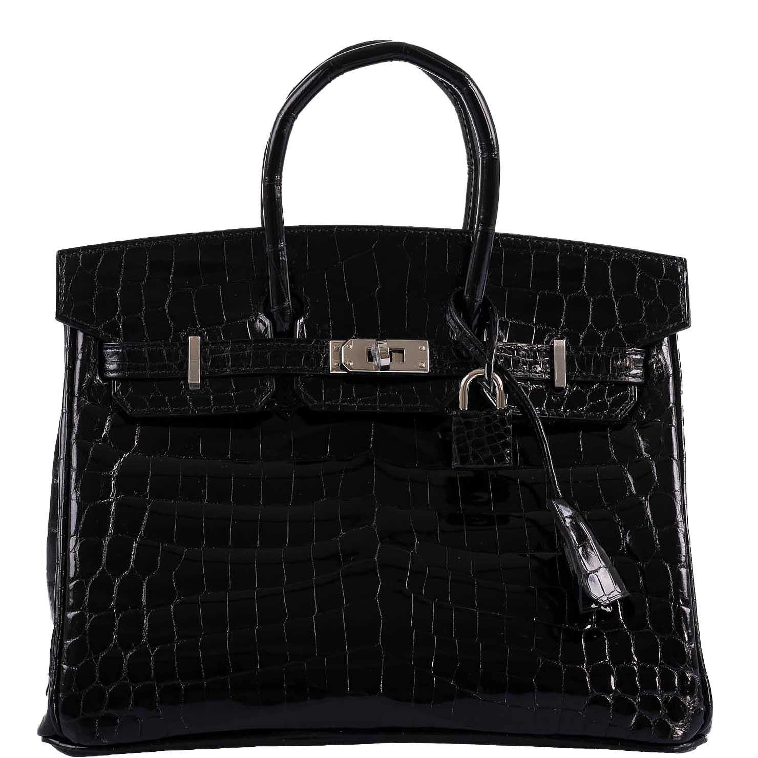Hermes Birkin 25 Shiny Black Niloticus Crocodile with Palladium Hardware -, D