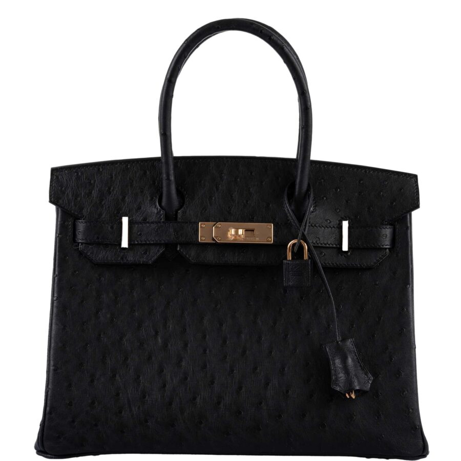 HermesBirkin 30 Black Ostrich with Rose Gold Hardware | Studio Nafay