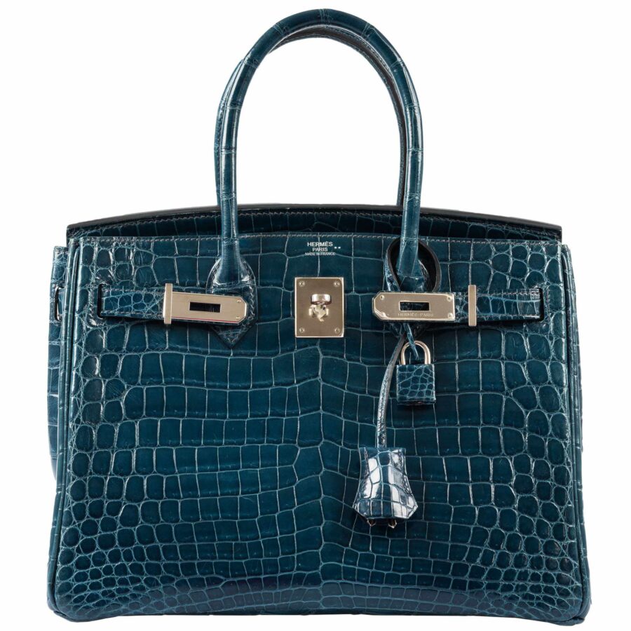 HermesBirkin 30 Bleu Colvert Niloticus Crocodile Palladium Hardware | Studio Nafay
