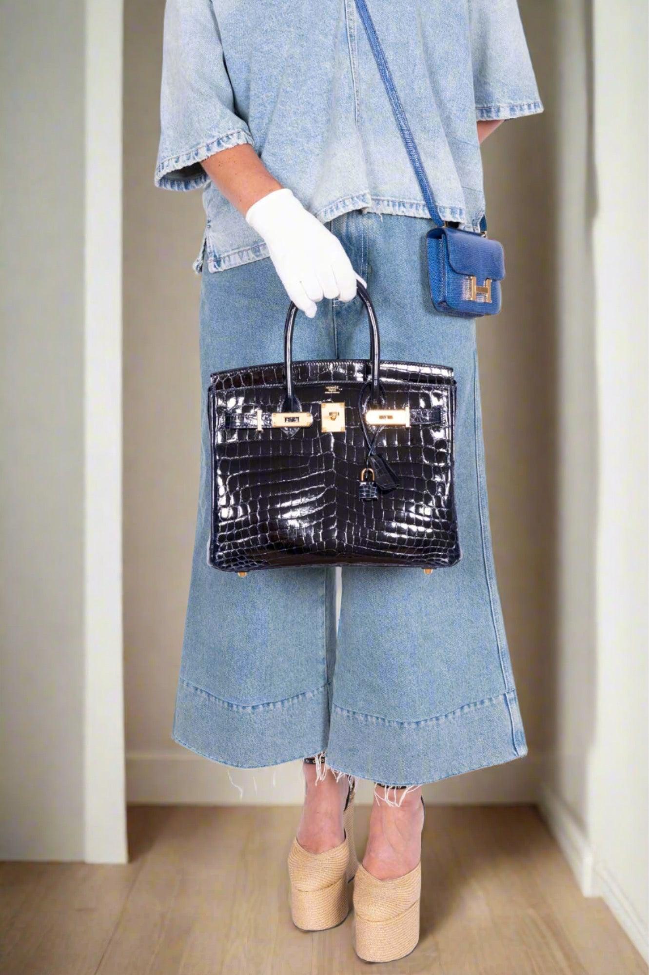 HermesBirkin 30 Bleu Marine Shiny Niloticus Crocodile Gold Hardware