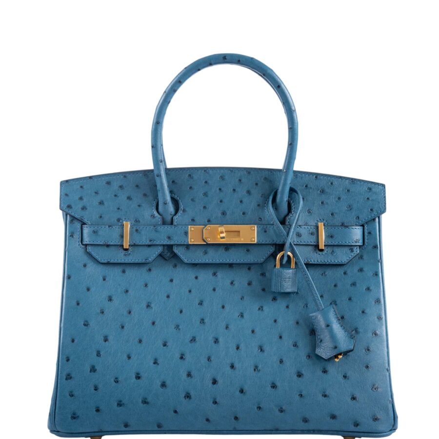 HermesBirkin 30 Blue Colvert Ostrich Gold Hardware | Studio Nafay